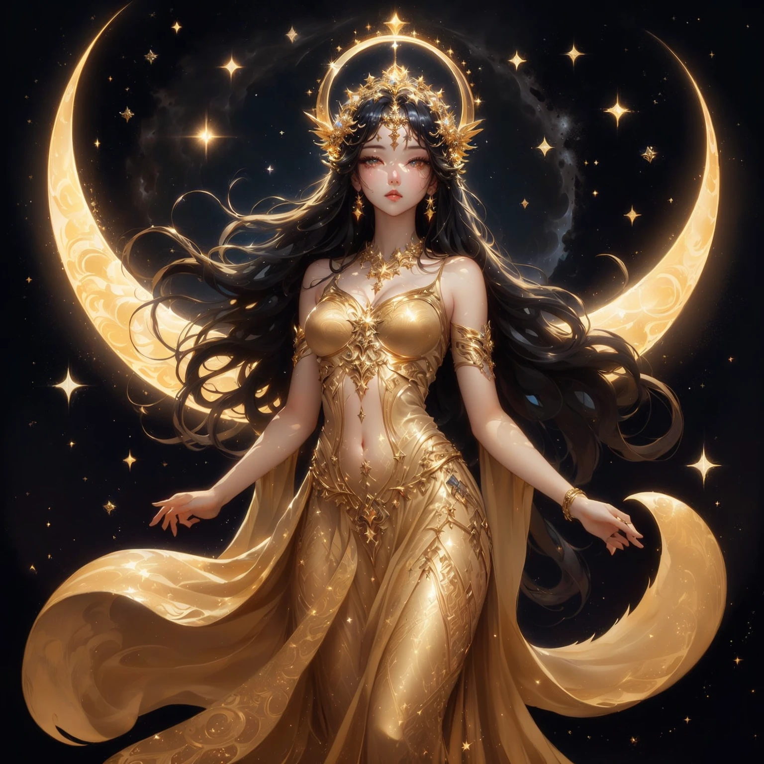 A woman in a golden dress stands in front of a starry sky., celestial goddess, beautiful heavenly mage, gorgeous goddess of leo, Argerm Julie Bell Beeple, goddess of light, moon goddess, as the goddess of the sun, Carole Bak and Peter Mohbacher, goddess. Very high detail, goddess of the sun, lunar goddess , Saw the navel. , star background , black hair , golden sparkle , golden eyes