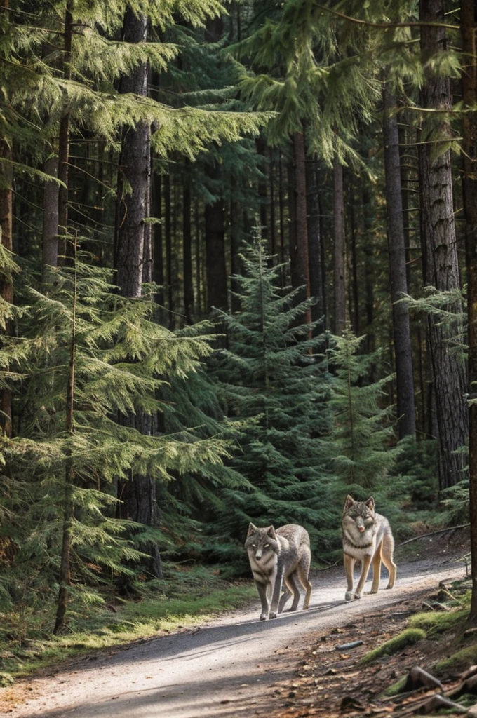 The gray wolf was walking back into the forest and a cat was watching behind it.