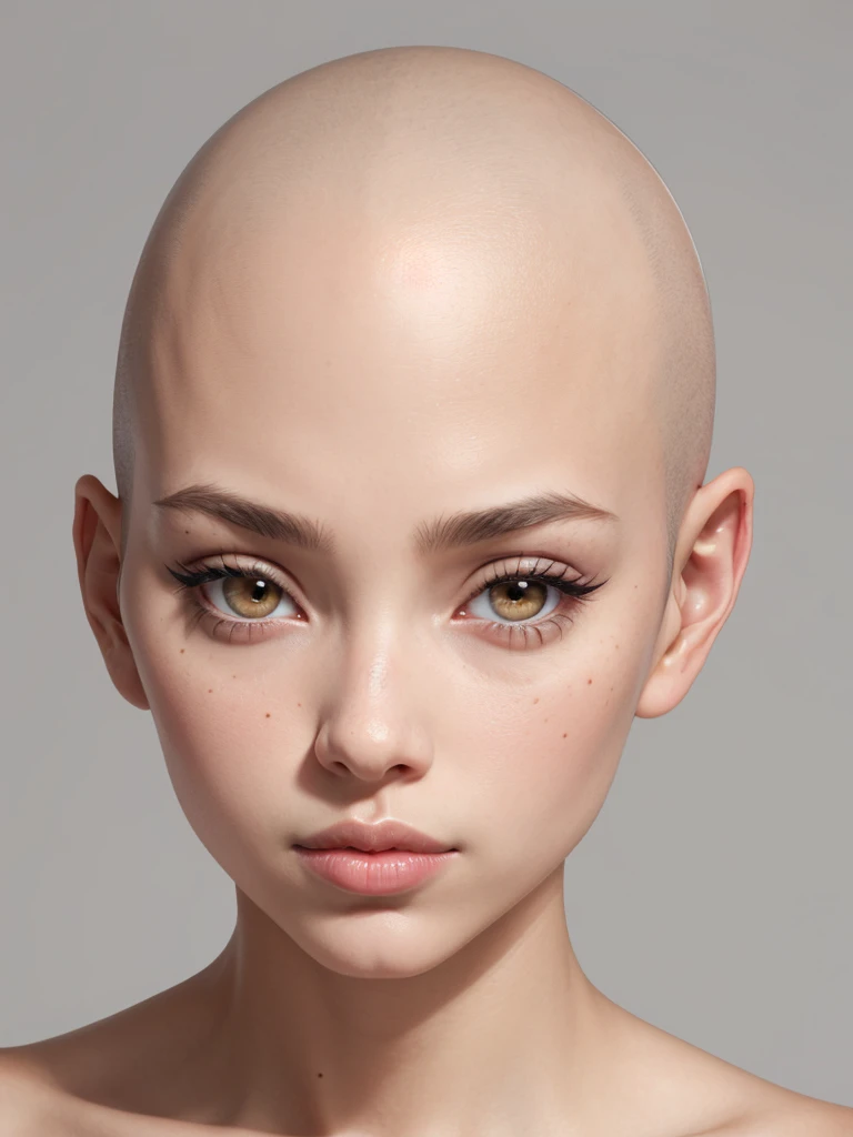 woman, tan, bald, face, portrait, close up, front, pink eyes, eyeliner, big lips, lipgloss, no clothes, grey background