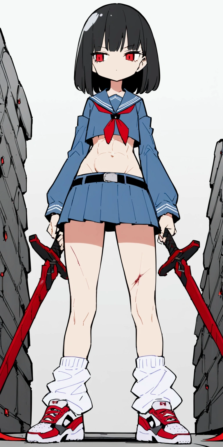 Anime Girls、Six Pack Abs、Black Hair、Medium Hair、Expressionless、Red glowing eyes、detailed、Highest quality、masterpiece、mini skirt、belly button、solo、skinny body、Narrow waist、Are standing、Sailor suit、Bloody、bandage、injury、loose socks、sneakers、Sword on waist、belt、Detachable sleeves