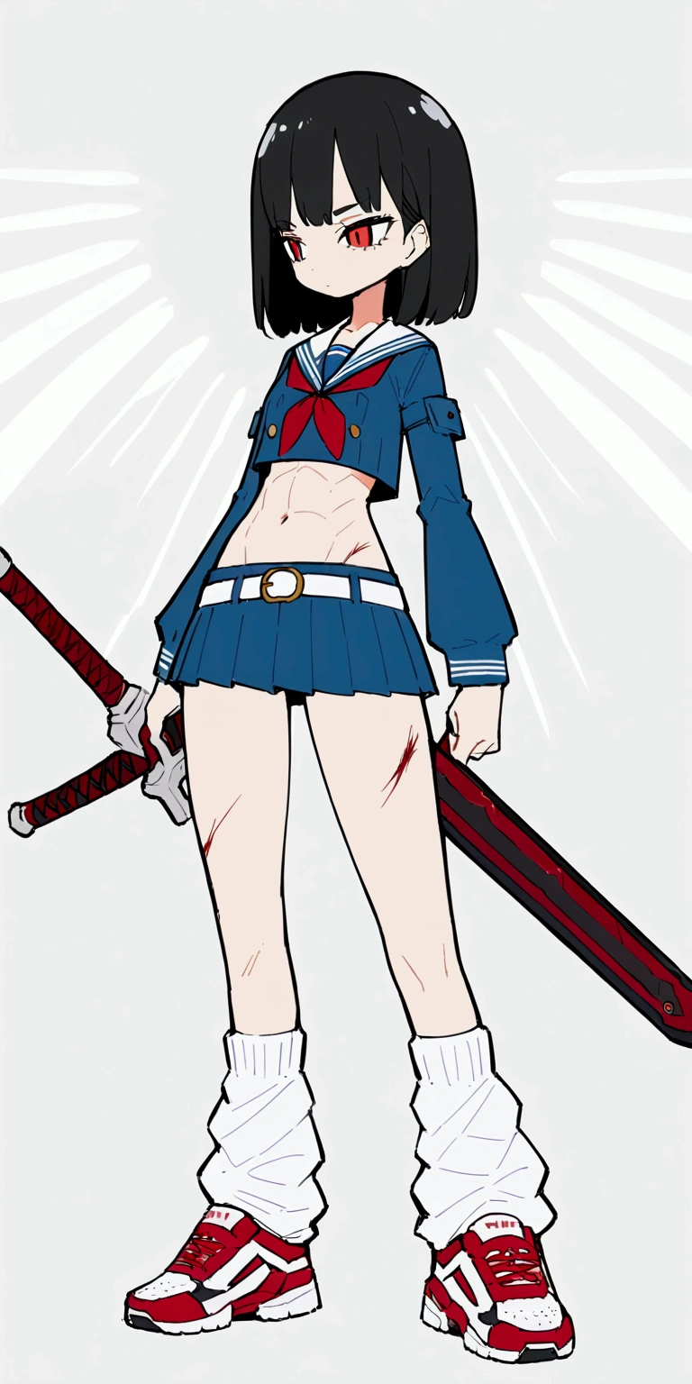 Anime Girls、Six Pack Abs、Black Hair、Medium Hair、Expressionless、Red glowing eyes、detailed、Highest quality、masterpiece、mini skirt、belly button、solo、skinny body、Narrow waist、Are standing、Sailor suit、Bloody、bandage、injury、loose socks、sneakers、Sword on waist、belt、Detachable sleeves