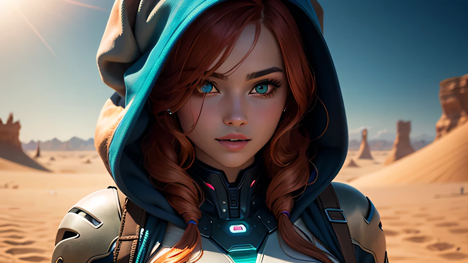 Close-up of a stunning 20-year-old woman, her striking features illuminated by the harsh desert sun. She wears an elegant, high-tech suit that hugs her toned physique, very long curly orange-red hair that falls over her breasts, physically powerful girl, blue-green eyes, thick pink lips, absolute beauty, high-tech suit whose metallic shine reflects the sand dunes surrounding her. The girl wears a dark blue wind-blown torn hooded cloak. In the background, a glowing portal to another world crackles with energy, its spinning vortex drawing the viewer's gaze away from the captivating smile of the girl. Captivating and mysterious alien otherworldly landscape