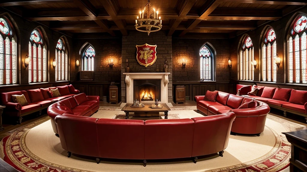 Gryffindor Common Room,Large chat room,Stone wall,Fantasy,middle ages,Red sofa,fireplace,machine,stage,warmth,Wide ceiling,Red carpet,parchment,Coffee cup《Harry potter》《hogwarts legacy》