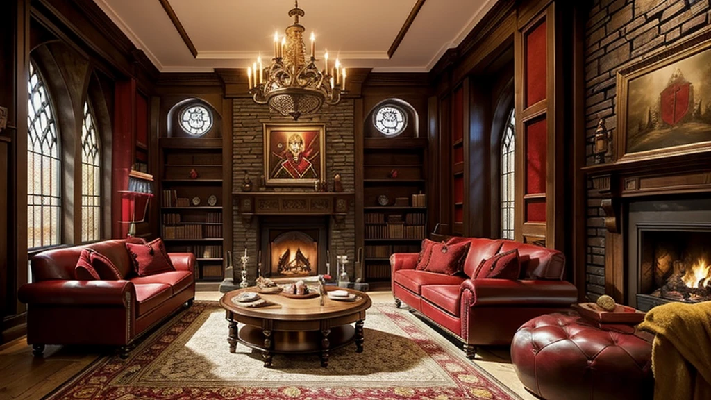 Gryffindor Common Room,Large chat room,Stone wall,Fantasy,middle ages,Red sofa,fireplace,machine,stage,warmth,Wide ceiling,Red carpet,parchment,Coffee cup《Harry potter》《hogwarts legacy》