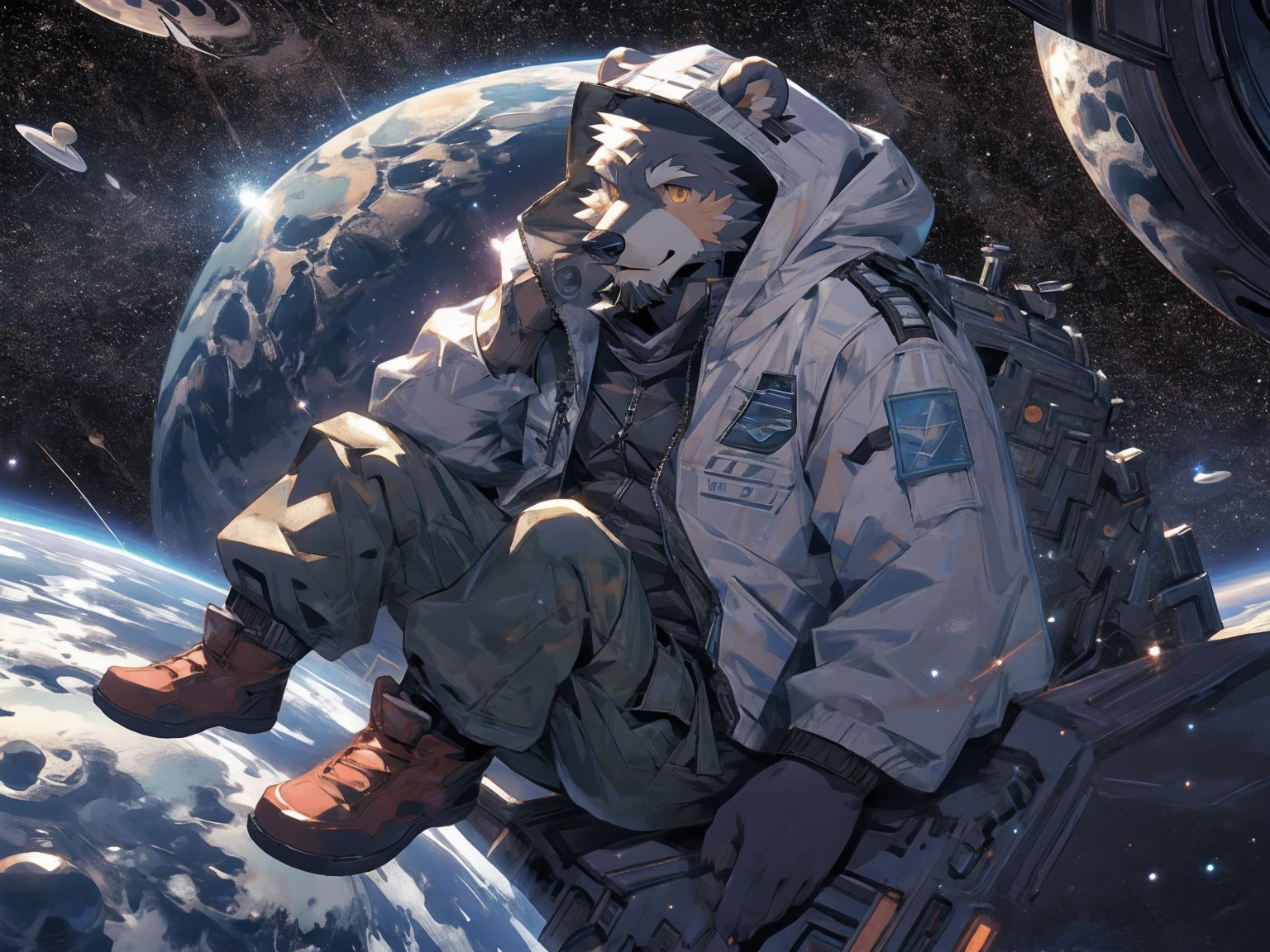 (masterpiece:1.2), best quality,pixiv,official art,perfect anatomy, (Ray tracing, light),solo, (1_male:1.3) , (muscle), (grey fur:1.4), (muscle bear), (beard:1.2), (gleaming golden eyes), bear tail, full body, Thick black eyebrows,(open hooded parka), (naked inside), (cargo pants:1.2), boots , (in the space:1.3) , star , planet , earth , asteroid , character floating