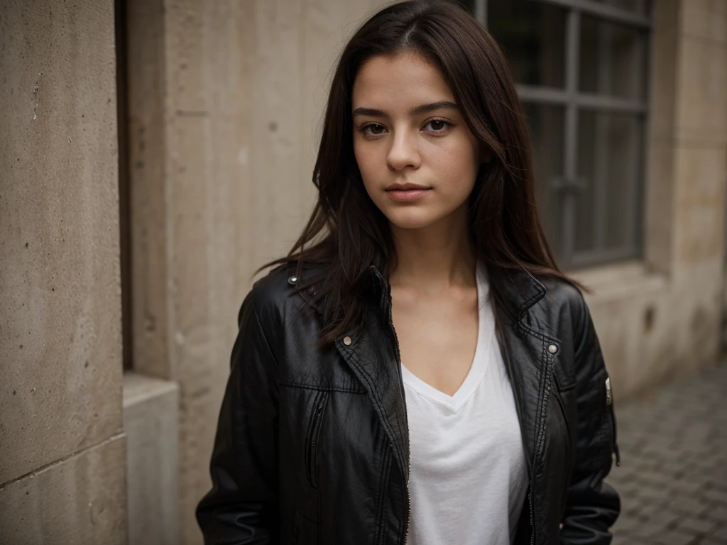 Portrait. jeune fille. blouson court en cuire noir.