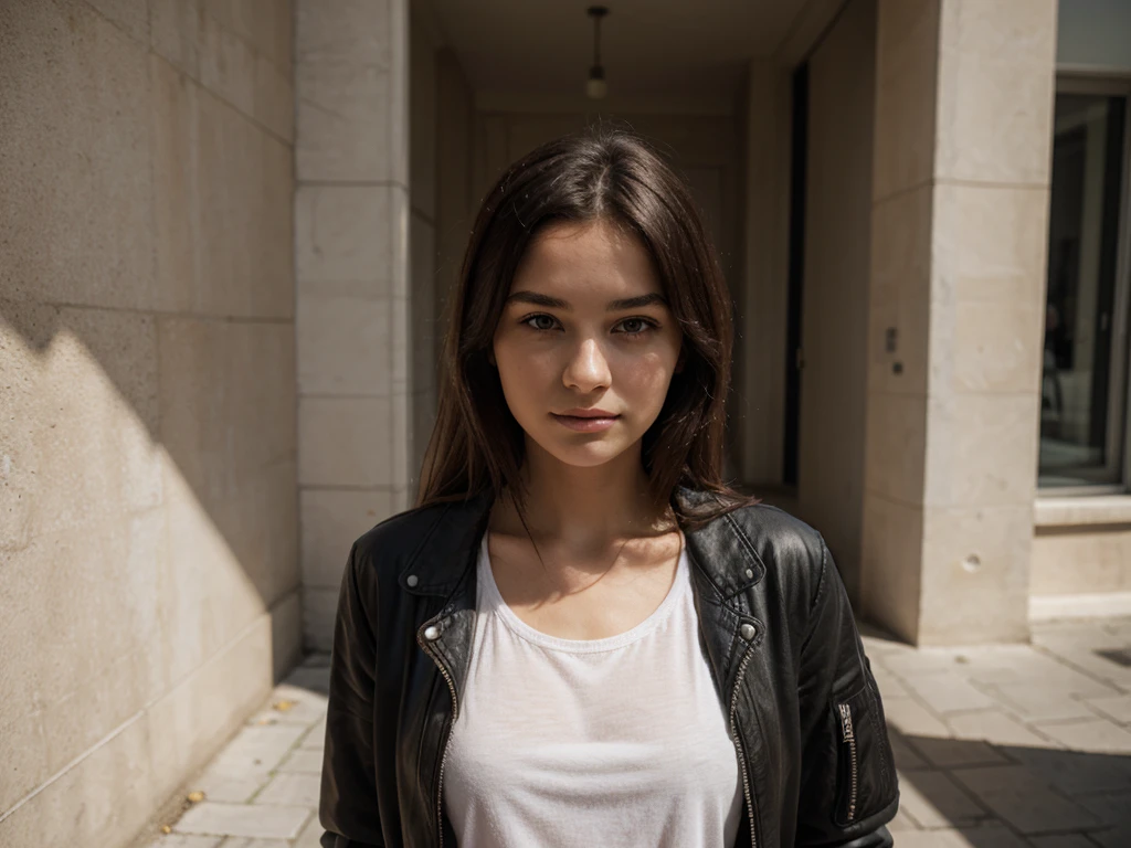 Portrait. jeune fille. blouson court en cuire noir.