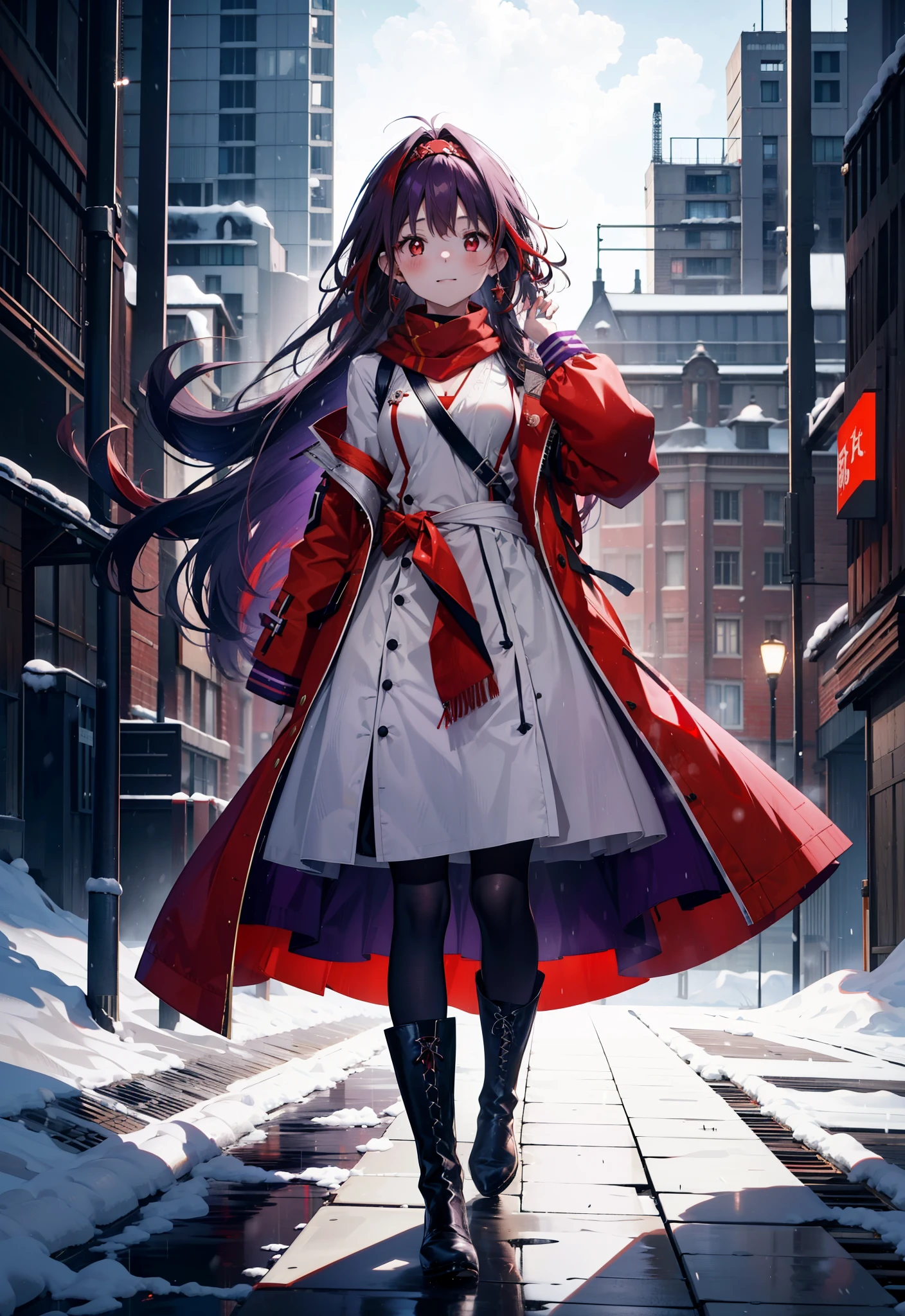yuukikonno, Yuki Konno, hair band, Long Hair, Pointed Ears, Purple Hair, (Red eyes:1.5), (Small breasts:1.2),blush, smile,Open your mouth,white breath,Red Scarf,Purple long coat,V-neck sweater,Long skirt,Black Pantyhose,short boots,Standing leaning against a wall,Snow is piling up,that'it's snowing,whole bodyがイラスト入るように,Hiding in a roofed building,
break outdoors, construction area,
break looking at viewer, whole body,
break (masterpiece:1.2), Highest quality, High resolution, unity 8k wallpaper, (shape:0.8), (Beautiful attention to detail:1.6), Highly detailed face, Perfect lighting, Extremely detailed CG, (Perfect hands, Perfect Anatomy),