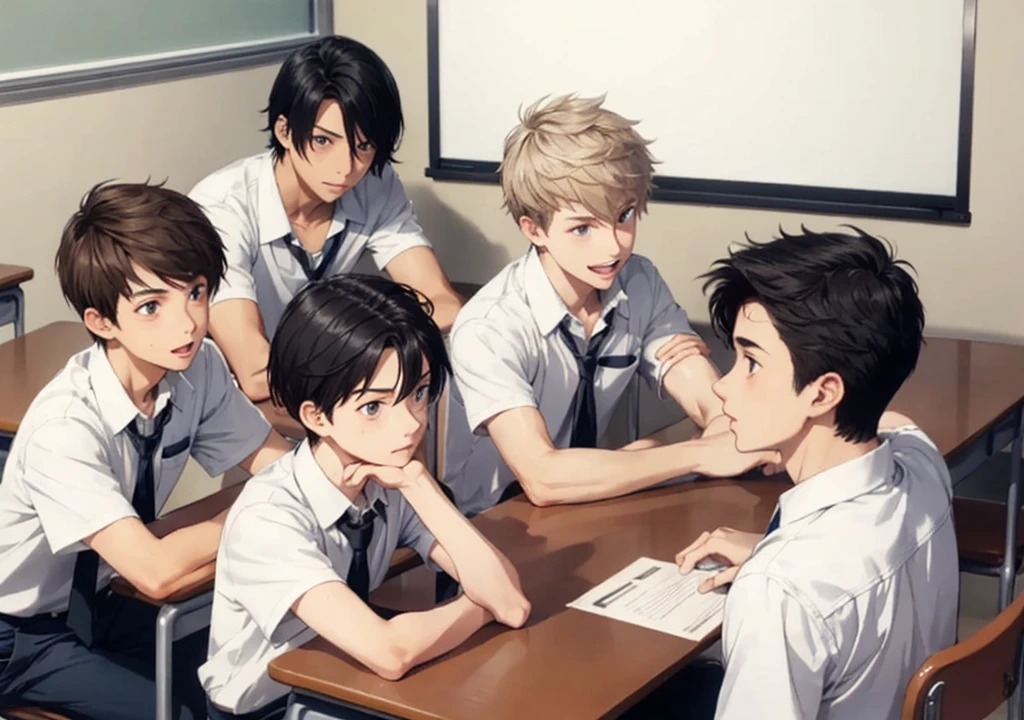 Four boys,About 18 years old,,The hair is short and black,High school classroom,Everyone talking and having fun