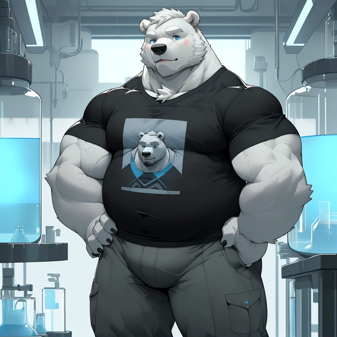 masterpiece, best quality, 8k resolution, Very detailed, hairy,(((polar bear)),(((Mature))),(((beard))),(((fat))),(((portrait))),(((White hair))),(((Standing))),(((Black T-shirt))),(((Blue Eyes))),(((Hands on hips))),Highest quality scene,(((Hip bulge))),(((Fat-enclosed muscle))),(((Round face))),(((laboratory))),(((Experiment))),(((Solitary))),(((Short sleeve)))