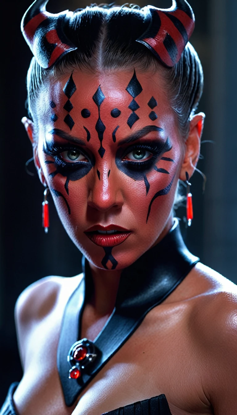 cinematic star wars, female darth maul, topless, naked, light sabber . dramatic fithing poses. full body shoot. intricate detailed face, beautiful detailed eyes, beautiful detailed lips, extremely detailed face and eyes, long eyelashes, dramatic lighting, cinematic composition, moody color palette, dramatic shadows, sci-fi, , 8k, ultra-detailed, photorealistic