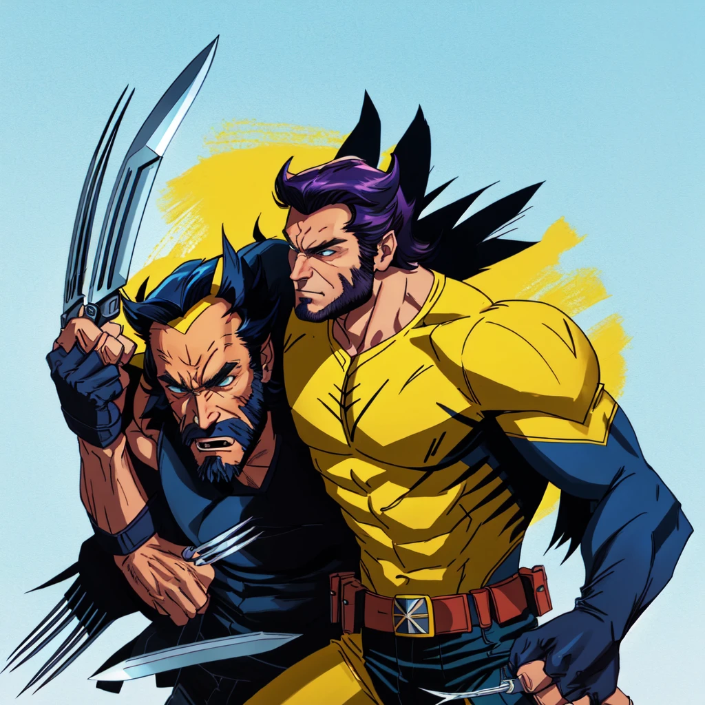 wolverine with a knife and a glove on his chest, wolverine action pose, wolverine, wolverine ate, portrait of wolverine, boris johnson as wolverine, spiderman as wolverine, clint eastwood as wolverine, 90s comic book character design, inspired by Frank Miller, danny devito as wolverine, digitally colored, yellow x-man costume, inspired by Jim Lee, menacing pose
