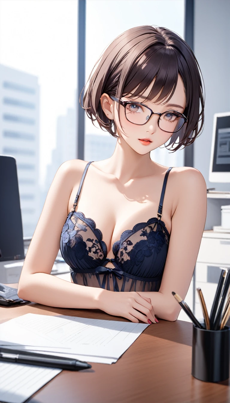 Short hair beauty, Glasses and sexy lingerie、office、Sitting at the table