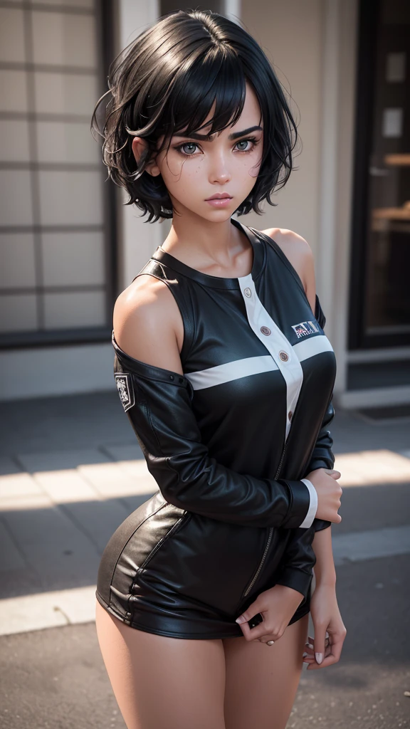 serious teenage girl with short messy black hair, white eyes, a scar on one eye, tanned skin, dressed in stylish black and white clothes, attractive body, dark and cold expression, detailed portrait, 8k, photographic (best quality) . ,4k,8k,high resolution,masterpiece:1.2),ultra detailed,(realistic,photorealistic,photorealistic:1.37),vivid colors,sharp focus,physically based rendering,extreme details,professional