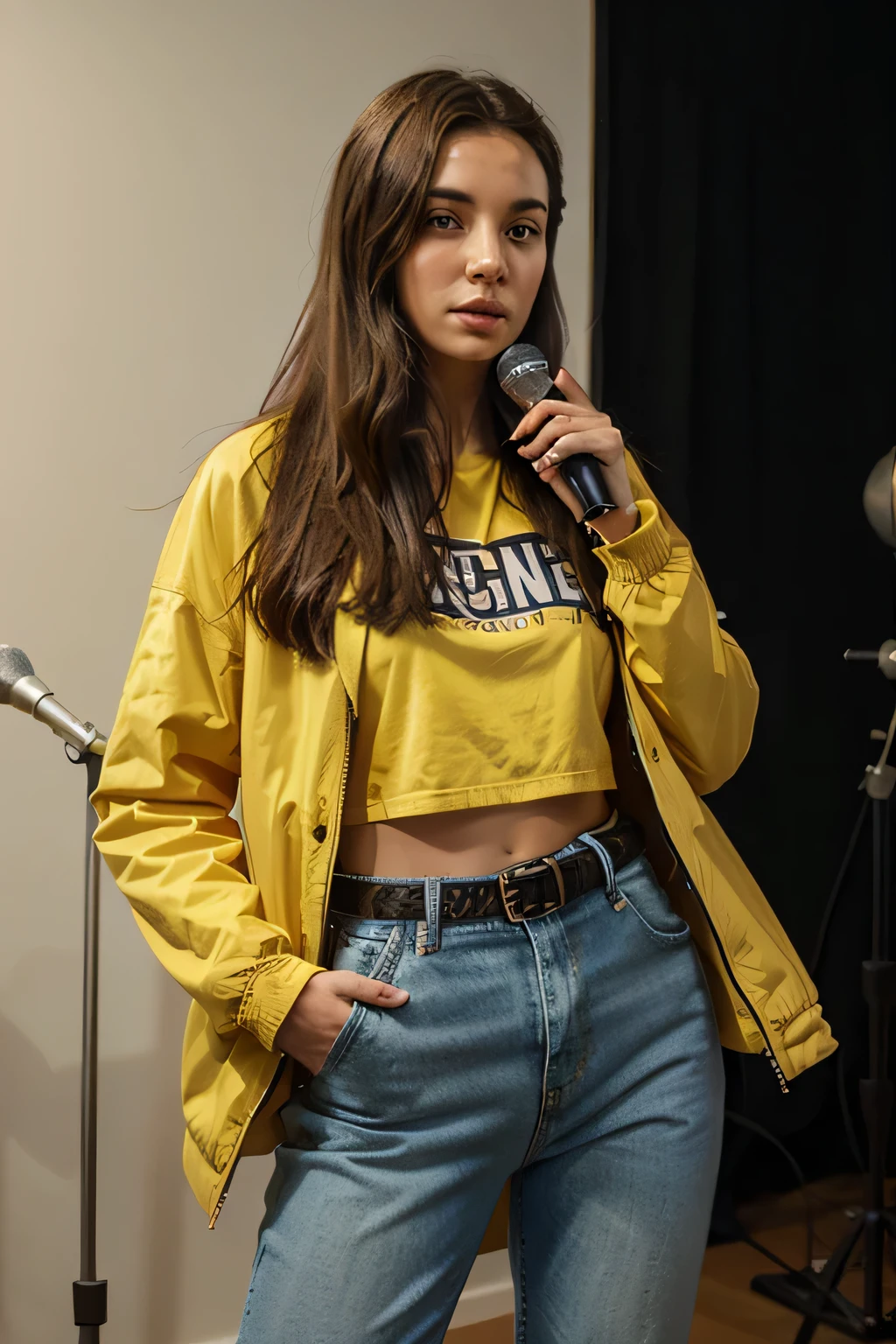 a woman holding a long stand microphone in her hand inside a studio and wearing a yellow jacket with blue jeans and black belt