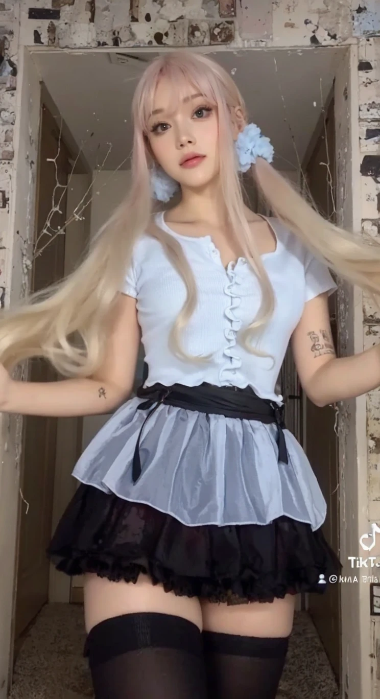 Leave it as it is, enhance it, pretty face, cute face, pink hair, nice body, cute outfit