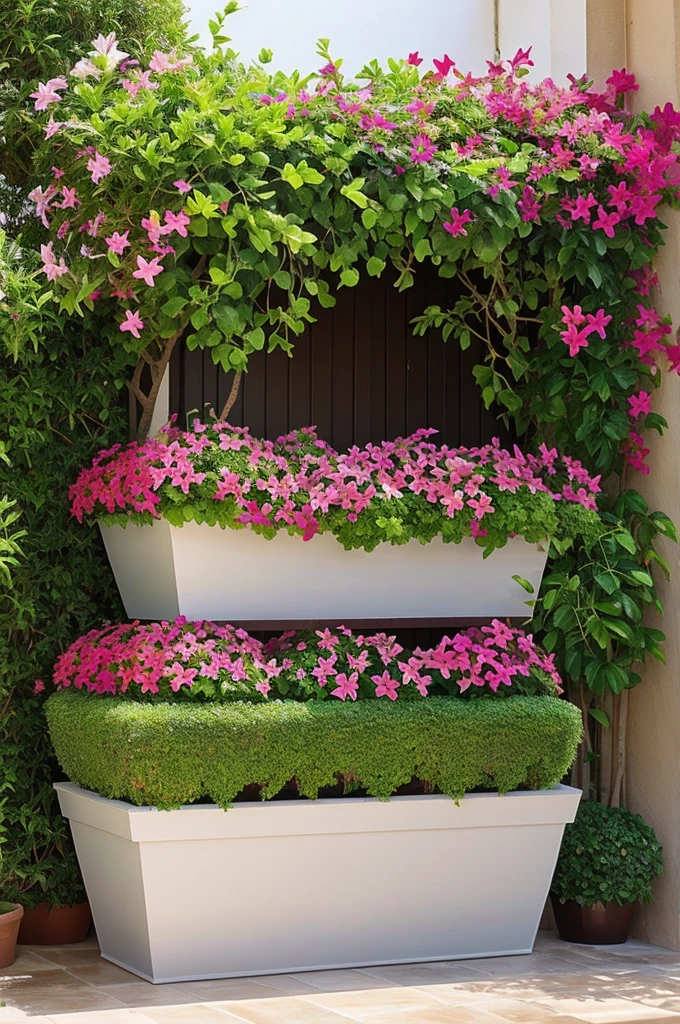 Create planter box which made by cemenet and fill inside with bougainvillea and frangipani and no need any background 