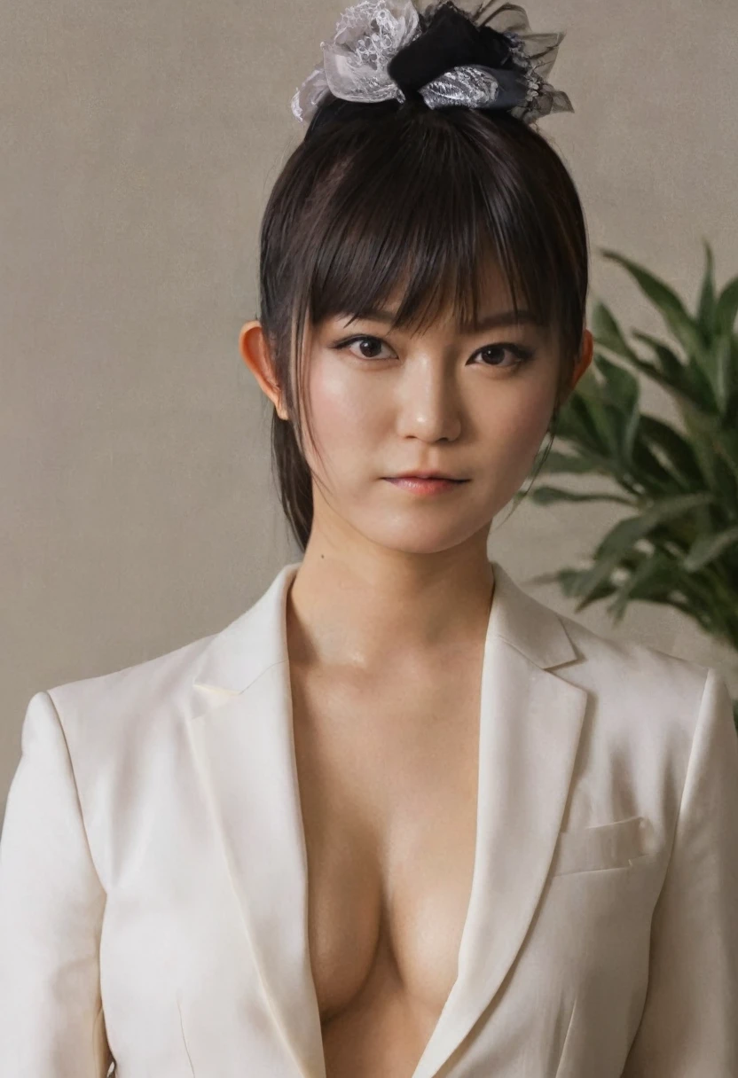 a beautiful picture of suzuka nakamoto XL, detailed skin texture, white, sexy, topless, masterpiece, photorealistic, woman, 4k, backlighting, light, RAW color photo,(fully in frame:1.1), (blush:0.5), (goosebumps:0.5), wearing a (formal suit:1.1)