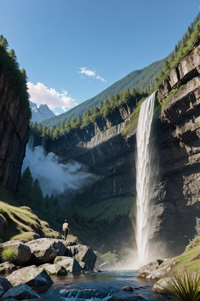 A man shadow seeing the waterfall between the mountains in 3D with realistic view