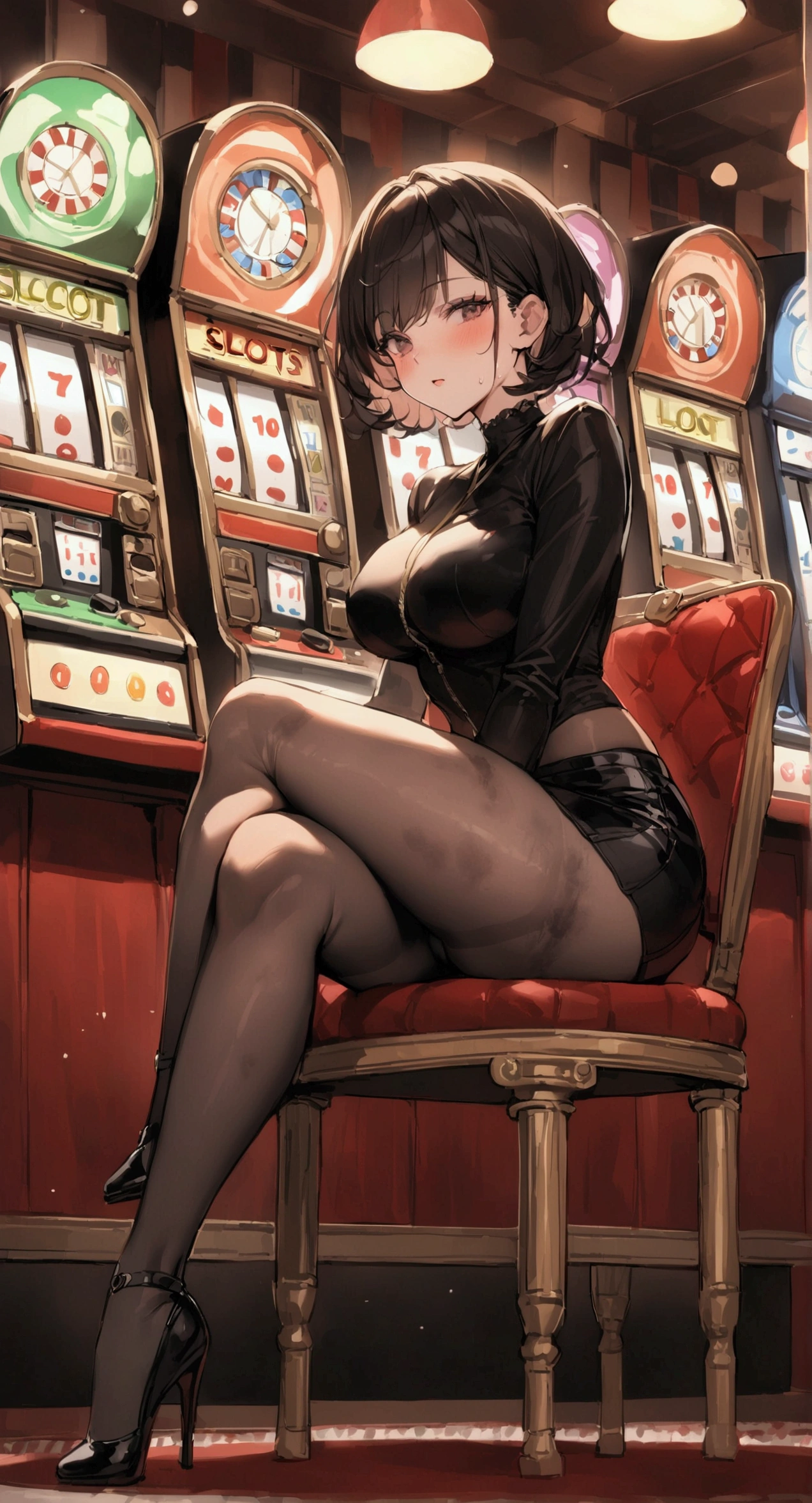 Three Women、Pachinko parlor、Playing slots、Sit on a chair、Place your hand on the slot lever、Play slots、Facing the slots、Hit the lever、Facing the slot machine、Large crowd、beautiful girl, Highest quality,  Black Pantyhose、Short tight skirt、panties under pantyhose、Thick thighs、Big 、Big Ass、Short Hair、Sweaty body、Sweaty crotch、Orgasmic face、Dirty sound effects、Ecstasy in a flashy way、目の前にLarge crowd、A ton of slot machines、Slot King Pulsar Sitting Cross Legged