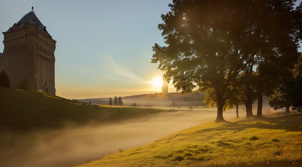 foggy sky with sun, shining behind the tower and trees, Summer morning, early morning mood, The Golden Hour of Fog, early morning sunrise, Brilliant dawn in a meadow, Morning River, early morning, Morning atmosphere, Раннее foggy morning, Foggy voluminous bright morning, In the morning fog, Foggy morning light, foggy morning, The background is foggy, Early in the morning