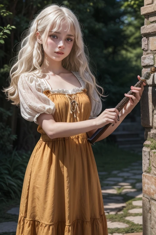 a young girl of 18 years, with , He has short, curly white hair.. she is very pretty, with Slavic skin and freckles, and she is wearing a long orange dress from the Victorian era. In one hand, holds a medieval sword. Background, is located in a castle.