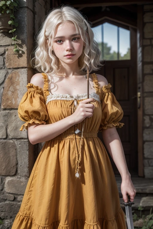 a young girl of 18 years, with , He has short, curly white hair.. she is very pretty, with Slavic skin and freckles, and she is wearing a long orange dress from the Victorian era. It is located on a hill, with raised hand, holding a medieval sword.