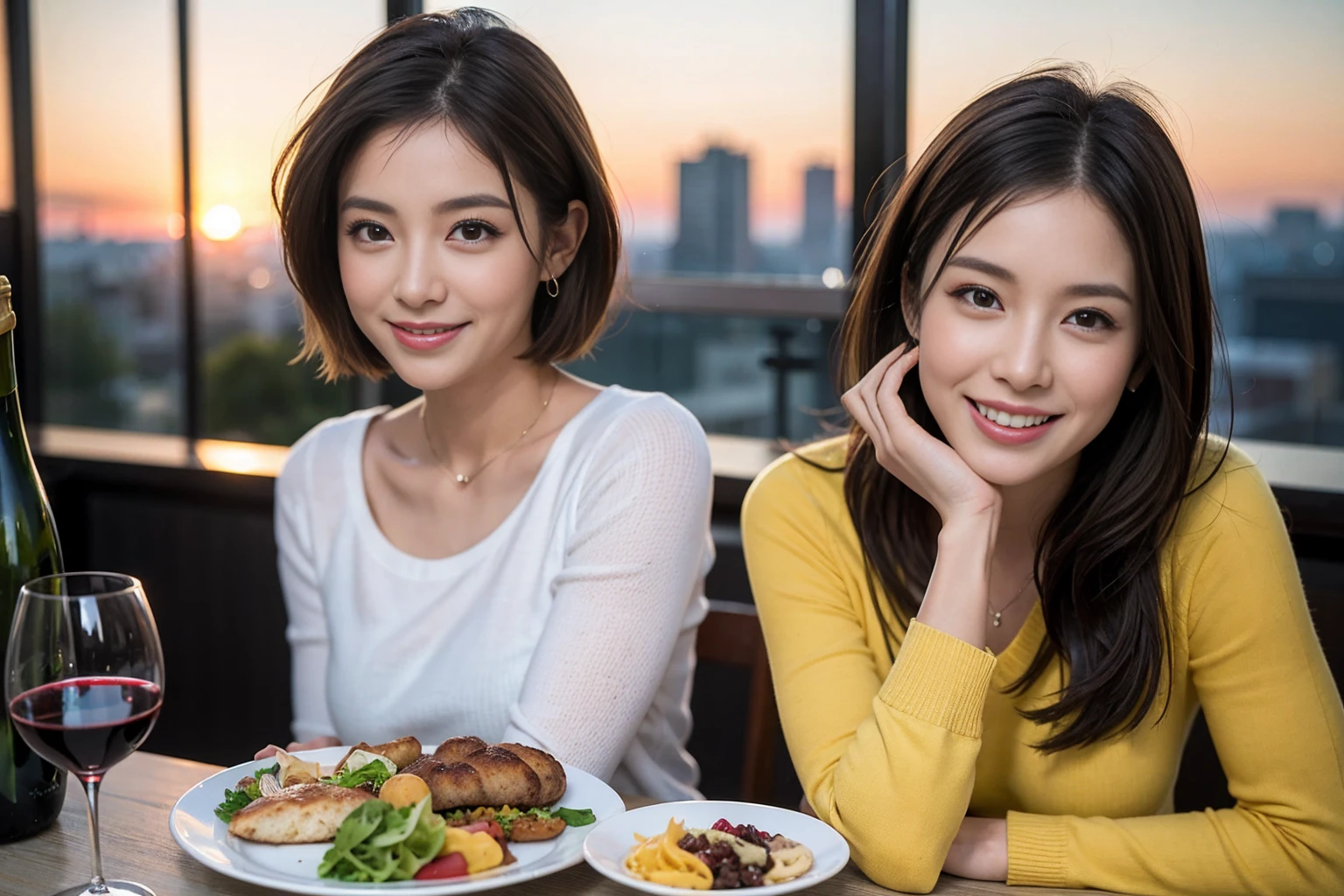 （Realistic:1.1）,(masterpiece,Highest quality)，8k,(36 years old), 42 years old, slimカップル、Model Couple、Actress/Actor、Tight waist,Upper Body,full-course dinner、wine 、Amazing view of the sunset sky and clouds、Perfect Anatomy, Brown Hair, Short Hair,Random Hairstyles,((Highly detailed face and eyes:1.2))(cute顔:1.4)，Beautiful actress face，Perfect golden ratio face，Long sleeve shirt、dress,(smile:1.2)、Shortcuts、cute、(Realistic, Intricate details:1.2), A bright smile、short hair,Bright Face、赤wine 、Appetizers、Italian food、wine bottle、Champagne、スパークリングwine、(slimな顔), (The body is slim), (Brown Hair), (Shortcuts),  Upper Body, 白wine, slim, wineグラス, 