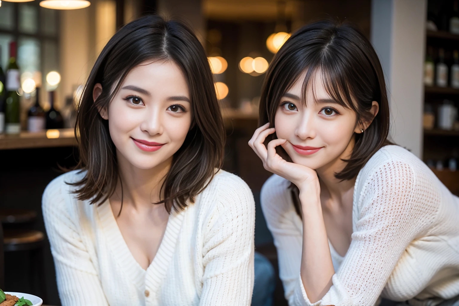 （Realistic:1.1）,(masterpiece,Highest quality)，8k,(36 years old), 42 years old, slimカップル、Model Couple、Actress/Actor、Tight waist,Upper Body,full-course dinner、wine 、Amazing view of the sunset sky and clouds、Perfect Anatomy, Brown Hair, Short Hair,Random Hairstyles,((Highly detailed face and eyes:1.2))(cute顔:1.4)，Beautiful actress face，Perfect golden ratio face，Long sleeve shirt、dress,(smile:1.2)、Shortcuts、cute、(Realistic, Intricate details:1.2), A bright smile、short hair,Bright Face、赤wine 、Appetizers、Italian food、wine bottle、Champagne、スパークリングwine、(slimな顔), (The body is slim), (Brown Hair), (Shortcuts),  Upper Body, 白wine, slim, wineグラス, 