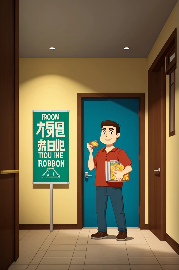 Man holding a bag of snacks looks at a sign prohibiting bringing food into the room, cartoon style.