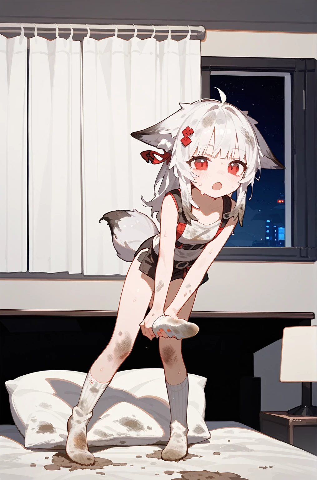 1 girl,dirty,foot,foot底,Red Eyes，breast,solitary,Long hair,White hair,,foot趾,foot部焦点,Looking at the audience,sit,Sweat,open mouth,dirty foot,Keep,indoor,Pillow,Bangs，White knee socks，Fox ears，There&#39;foot的泥土，，Uniforms，Japanese style，dirtyPillow，dirty床，女孩周围堆满Pillow，女孩踩踏着Pillow，大量Pillow，Pillow上肮脏，,(Deluxe Rococo Canopy King Bed),On a big and spacious bed,(),,,,Luxurious curtains with ornate ruffles and ribbons surround the bed,((((There are many pillows piled on the bed)))),Detail of Quilt,Detailed bed sheets,女孩踩在Pillow上，（详细的Pillow），