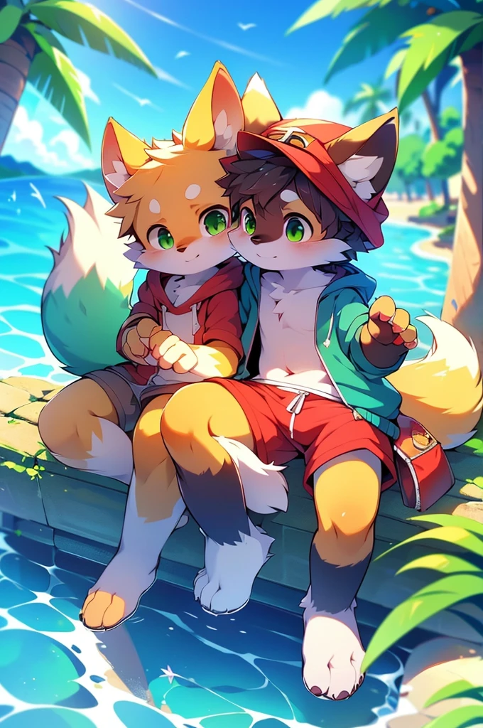 Furry,Fox,boy,8k resolution,最high resolution,                   high resolution,Seascape,In a hoodie,Green Eyes,summer