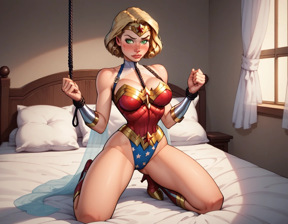 score_9, score_8_up, score_7_up,score_6_up, score_5_up, score_4_up, detailed soft lighting, 1girl, solo, large breasts, AchaseDG, hort hair, blonde hair, green eyes, wonder woman suit, bdsm, (kinbaku:1.5), bound with leather restraints, kneeling on bed, legs spread, looking at viewer, aroused, sexy expression, blush, (masterpiece, best quality, highly detailed, beautiful).