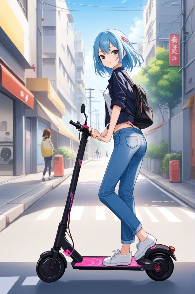 Pants Style,jeans,denim,Anime artwork 2D, One girl, electric scooter, Are standing, Motion Lines, road, Riding a electric scooter down the street . Anime Style, Key Visual, Vibrant, Studio Anime,  Very detailed