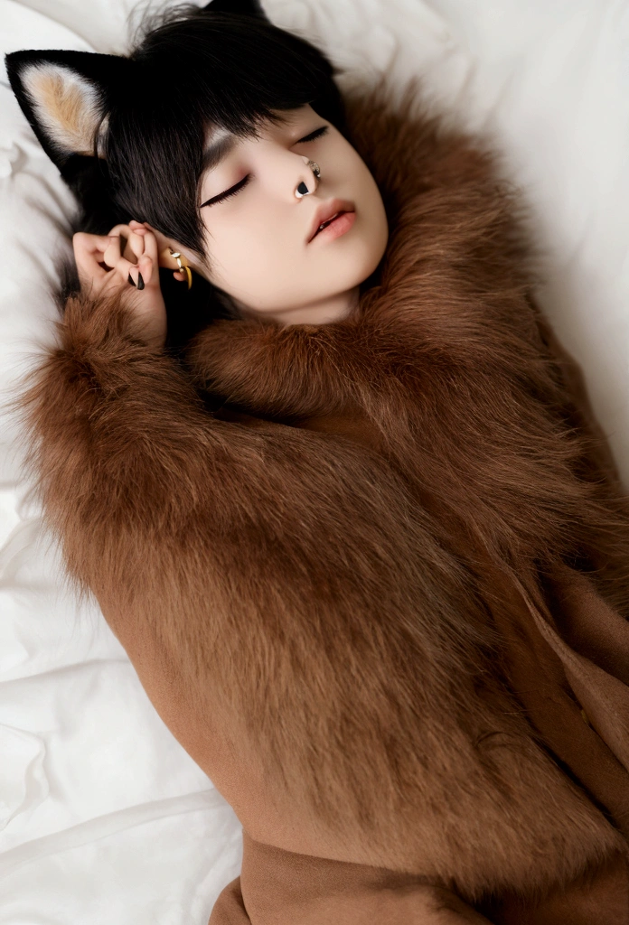 Anthropomorphic furry cat young man, creamy brown coat color with pointed black lines and abundant fluffy fur, her cat ears are thin and with dangling earrings, its cat tail with black kines very hairy and fluffy, messy black hair, black eyes with septum piercing, who is lying sleeping on a bed