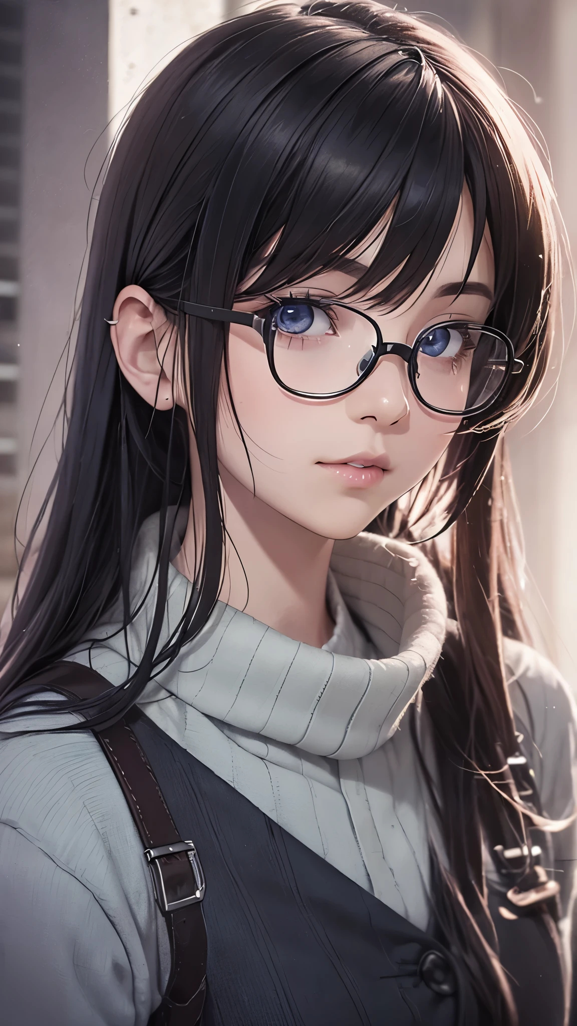 (Best Quality,4K,8K,hight resolution,masutepiece:1.2), Ultra-detailed, (Realistic,photoRealistic,photo-Realistic:1.37), Glasses Girl,disconcerted,((Black hair)),((Long hair)),Japan  uniform,muffler,high socks, pumps,Beautiful detailed eyes, Beautiful detailed lips, extremely detailed eye and face, long eyelashes, Realistic anime 3D style, Smooth Anime CG Art, Digital rendering by Makoto Shinkai, Moe Anime Art Style, photoRealistic rendering of an anime girl, Shinkai Makoto style, Cute anime girl visuals, Realistic young anime girl, girl fan art, Created by Anime Artist&#39;studio of.