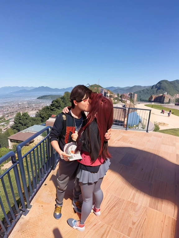 There are two people standing on a balcony overlooking a city., kissing together cute, with a city in the background, with mountains in the background, couple kissing, kisss juntos, kiss, Big, with mountains in the background, about, by Bálint Kiss, with a volcano in the background, with mountains in the distance, Great view, The girl has long red hair and is wearing gray leggings..