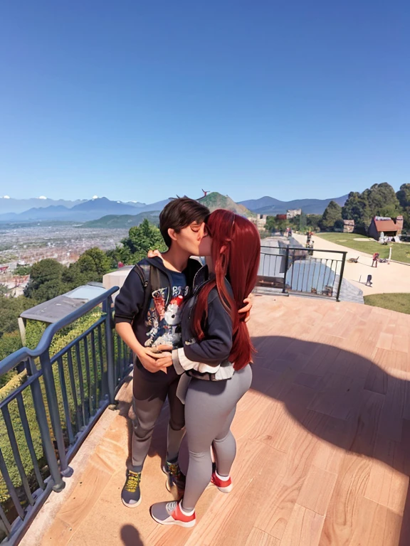 There are two people standing on a balcony overlooking a city., kissing together cute, with a city in the background, with mountains in the background, couple kissing, kisss juntos, kiss, Big, with mountains in the background, about, by Bálint Kiss, with a volcano in the background, with mountains in the distance, Great view, The girl has long red hair and is wearing gray leggings..
