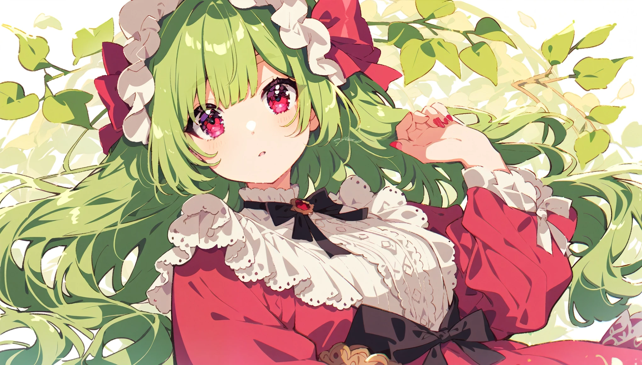 Young woman, light green hair, Red dress, dress with white elements, leaves background