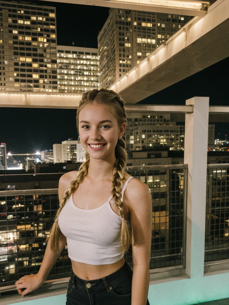 her name is Chrsotine, high quality, 1girl, ((20-year-old fit Caucasian woman)), ((20 years old)), ((fit)), ((Halo Braid)), pose: standing, wearing stylish Generation-Z see through wear, BACKGROUND: indoor rooftop at night, smiling