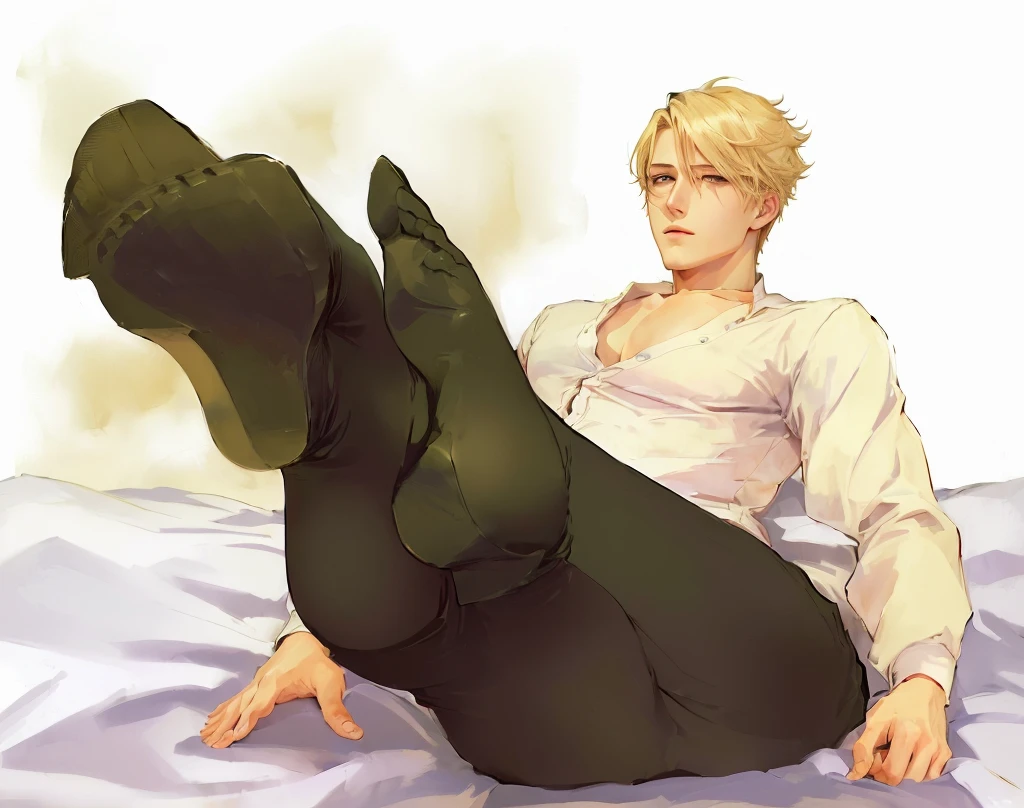 handsome man, blonde hair, very muscular body, wearing black pantyhose and white shirt, showing his stinky pantyhose feet