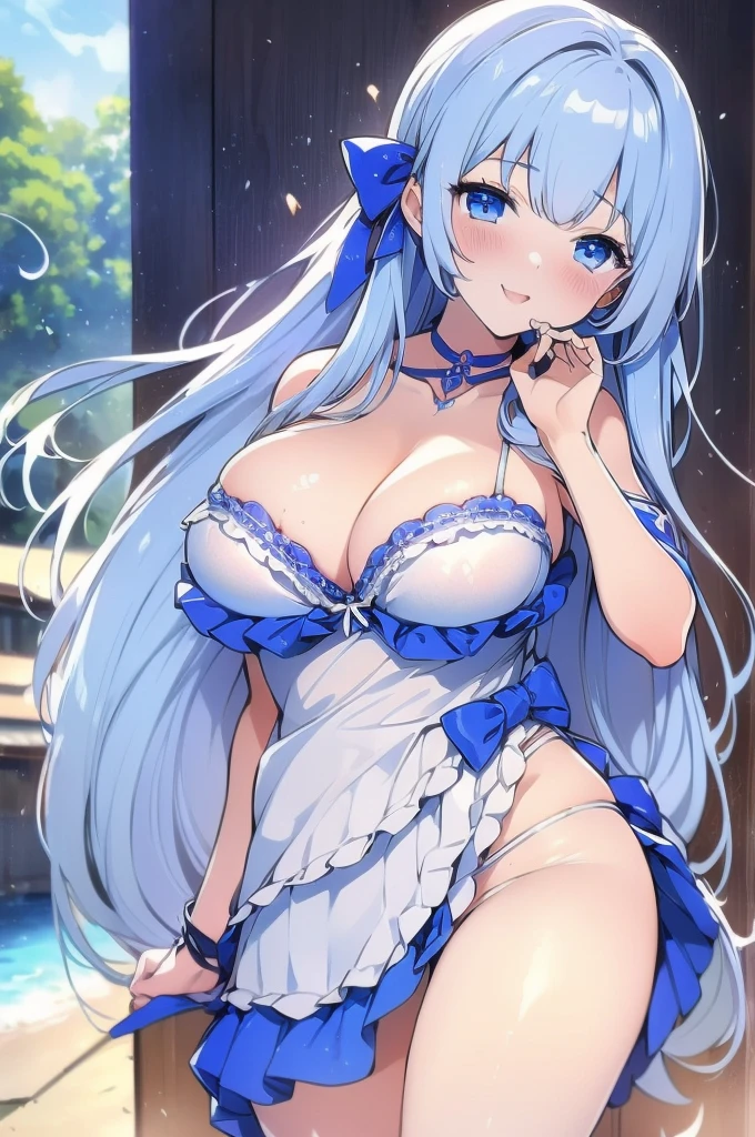 Silver long hair、Deep blue eyes、woman、美しいwoman、Large Breasts、Blue and white bikini、Cleavage-revealing bikini、Sandy Beach、Outdoor、During sexual intercourse、On the bed、orgasm、Shrine maiden costume with hidden curves(100-60-78cm)、he is short