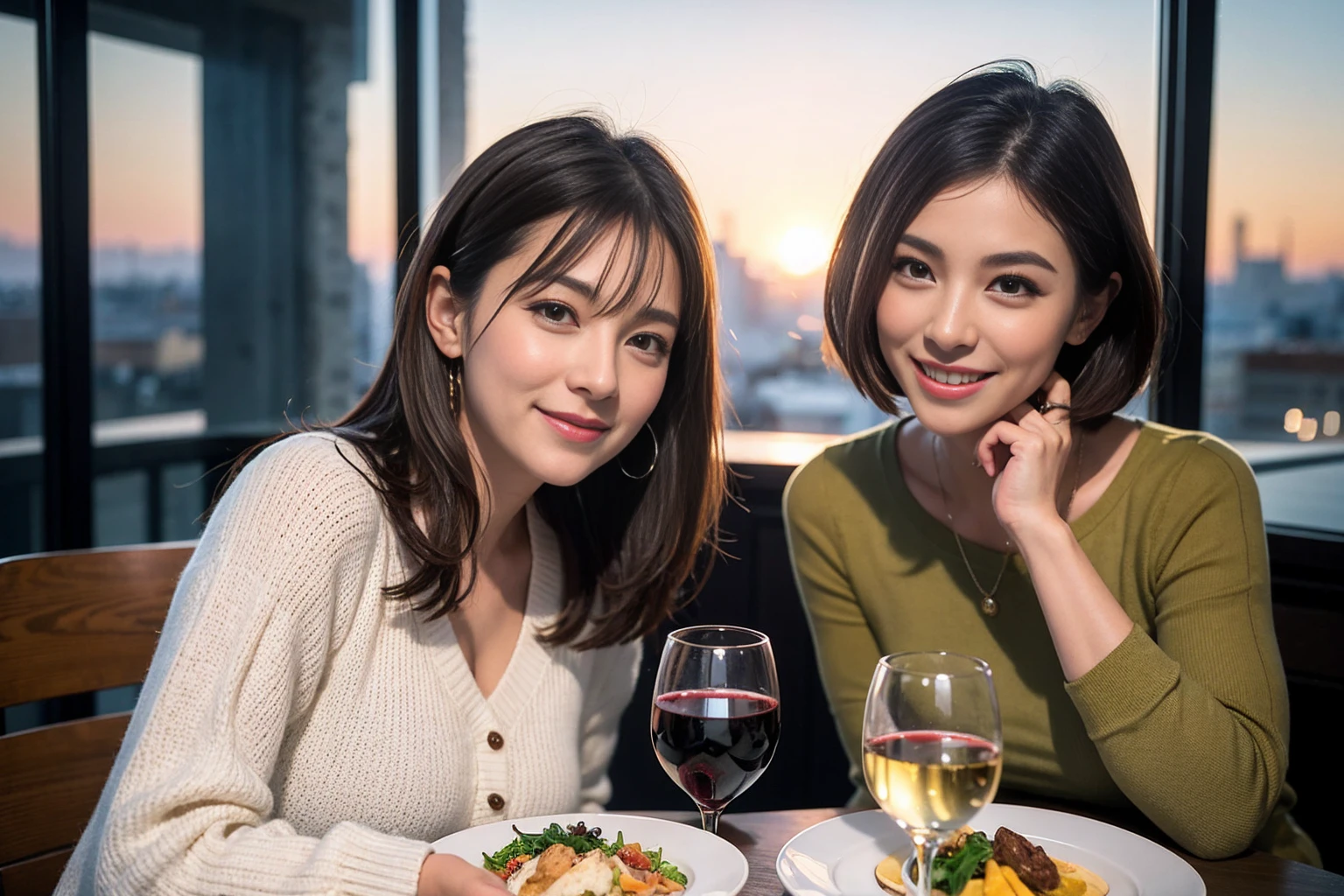 （Realistic:1.1）,(masterpiece,Highest quality)，8k,(38 years old), 42 years old, slimカップル、Model Couple、Actress/Actor、Tight waist,Upper Body,full-course dinner、wine 、Amazing view of the sunset sky and clouds、Perfect Anatomy, Brown Hair, Short Hair,Random Hairstyles,((Highly detailed face and eyes:1.2))(cute顔:1.4)，Beautiful actress face，Perfect golden ratio face，Long sleeve shirt、dress,(smile:1.2)、Shortcuts、cute、(Realistic, Intricate details:1.2), A bright smile、short hair,Bright Face、赤wine 、Appetizers、Italian food、wine bottle、Champagne、スパークリングwine、(slimな顔), (The body is slim), (Brown Hair), (Shortcuts),  Upper Body, 白wine, slim, wineグラス, 