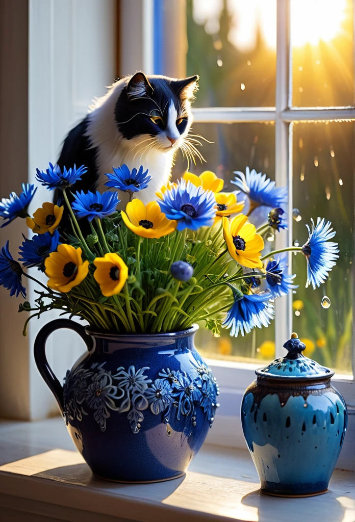 Intricate details, detailed, realism, a close up floral of Anemone /Cornflowers bouquet on pot under large window. combination blue mix yellow color. There is a cute fatty Cat sleeping near a Pot/ vase. The first rays of sunlight in the morning,Dew drops on flowers on the vas,(sunrise,Halo),Beautiful picture,HD Wallpapers,Natural light, dramatic, Source reality, additionally letter "MneverMore" visible at there
