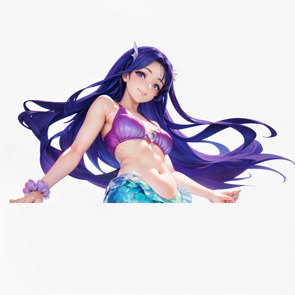 Digital art baby chibi style,masterpiece, best quality:1.2), 1 Girl,Pretty Face, Smile, Looking at the audience, Purple long hair,Pink swimsuit, , blue eyes, Mermaid, multicolored Mermaid tail, Lying on the beach, Fin ears, Head fin, shell, orchid