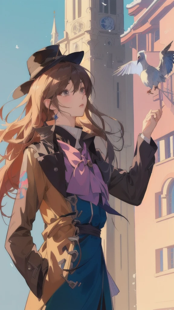 anime girl in a hat and coat holding a bird in her hand, zerochan art, by Kamagurka, marin kitagawa fanart, made with anime painter studio, inspired by Taiyō Matsumoto, painted in anime painter studio, delicate androgynous prince, artwork in the style of guweiz, from cryptid academia, zerochan