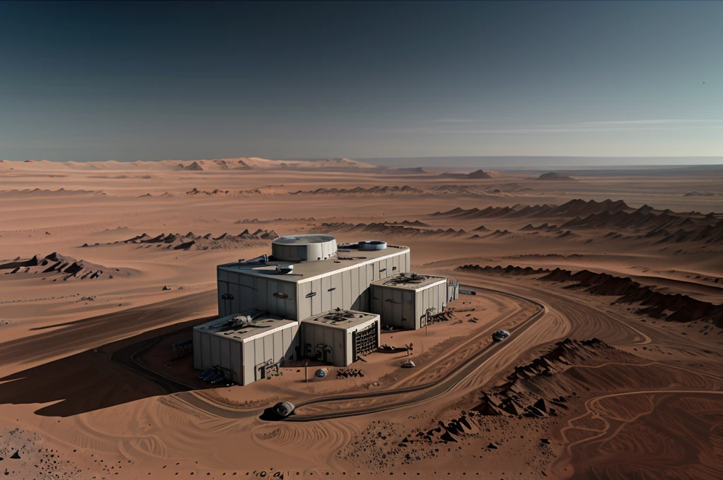 Building a factory on Mars, technological robotic arms, metal details lifelike, ultra-realistic, bright, bird's-eye view, ultra-wide angle, high reality, light and dark