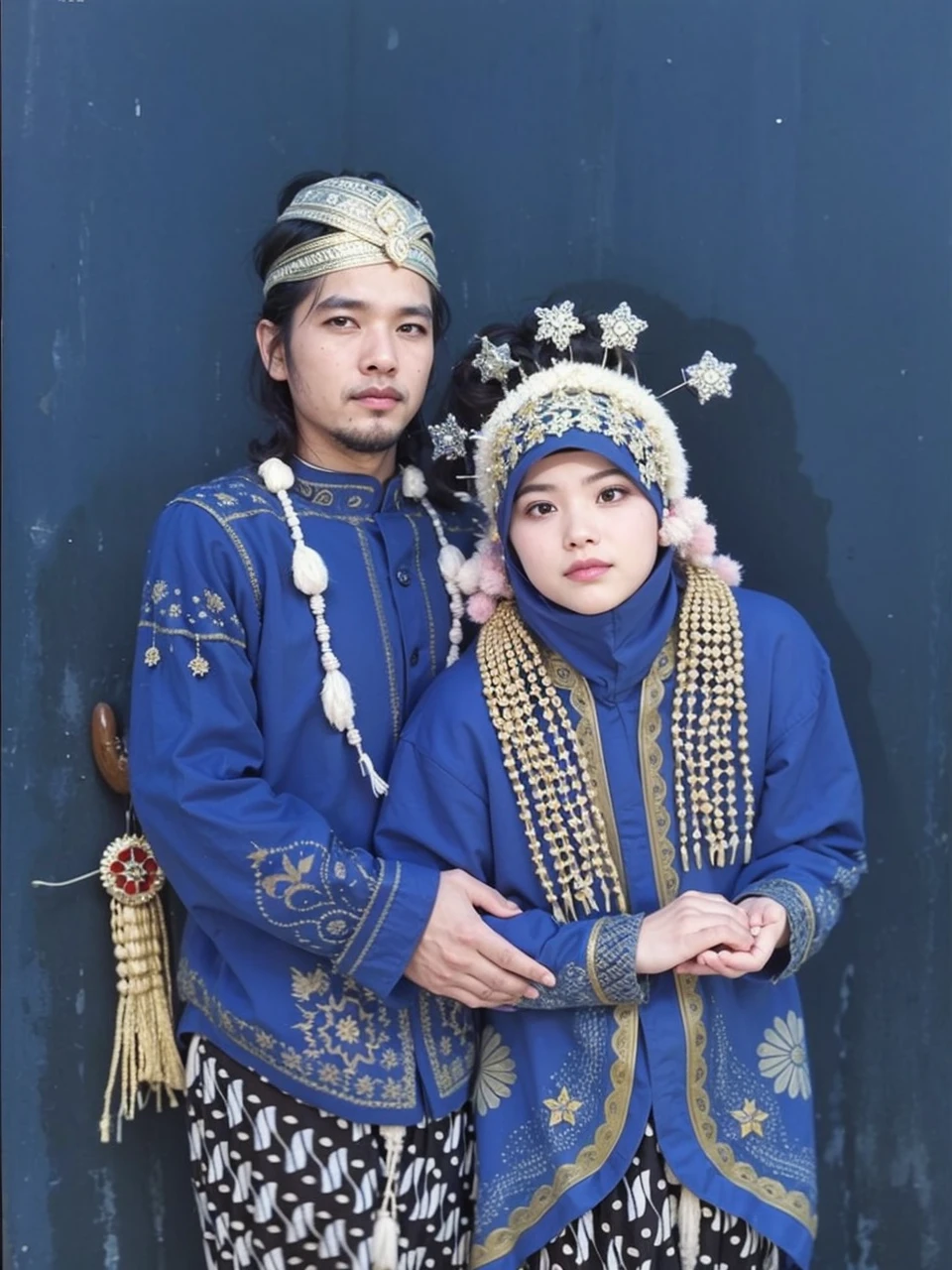 there are two people dressed in traditional clothing posing for a picture, potrait, couple, wedding, protrait, emir, traditional dress, full protrait, bride, traditional clothes, couple portrait, traditional portrait, ceremonial portrait