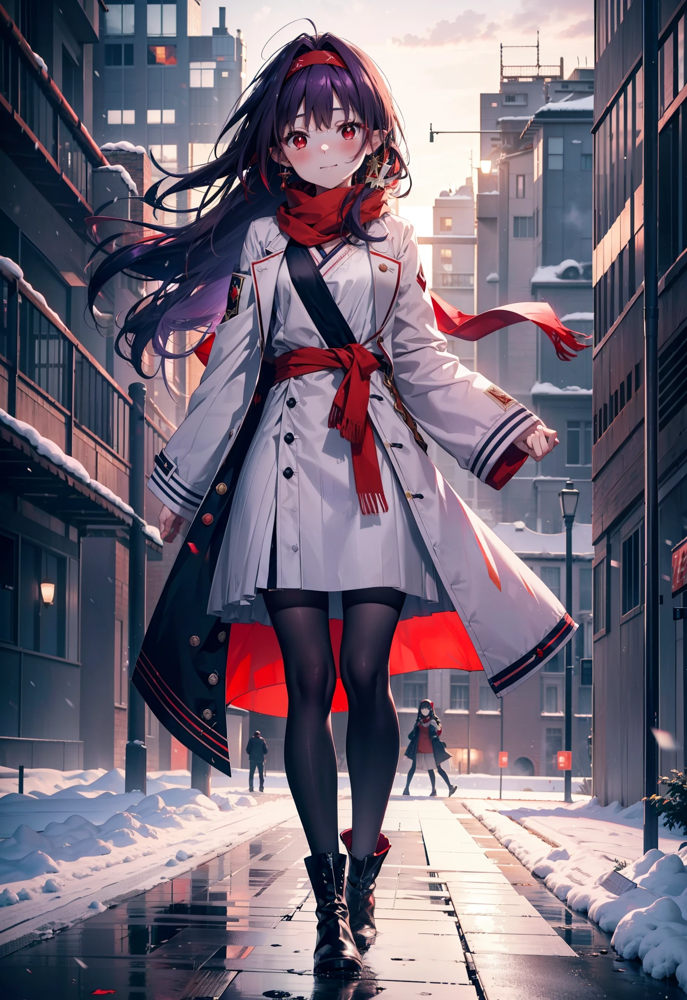 yuukikonno, Yuki Konno, hair band, Long Hair, Pointed Ears, Purple Hair, (Red eyes:1.5), (Small breasts:1.2),blush, smile,Open your mouth,white breath,Red Scarf,Purple long coat,V-neck sweater,Long skirt,Black Pantyhose,short boots,Snow is piling up,that'it's snowing,whole bodyがイラスト入るように,Walking,evening,sunset,
break outdoors, construction area,
break looking at viewer, whole body,
break (masterpiece:1.2), Highest quality, High resolution, unity 8k wallpaper, (shape:0.8), (Beautiful attention to detail:1.6), Highly detailed face, Perfect lighting, Extremely detailed CG, (Perfect hands, Perfect Anatomy),