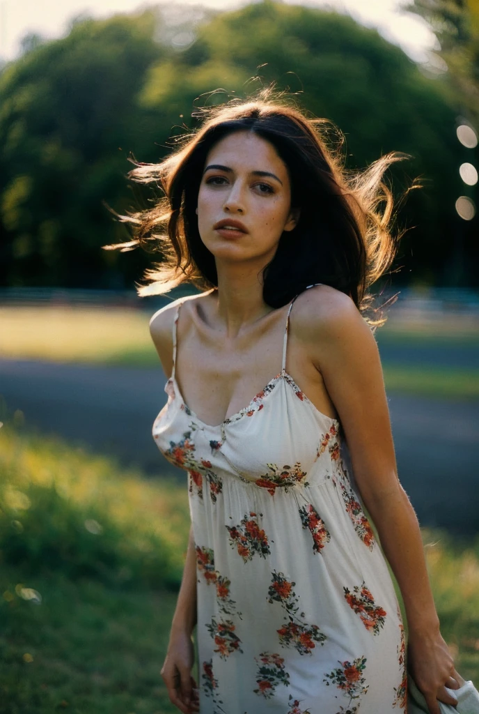 Long medium shot, Best quality, a 25y sweet spain women, wearing floral slip dress, tight breast, hair blowing in the wind, summer, moody atmosphere, beautiful shadow and sunlight, dramatic posing in the park, kodacrhome, cinematic lighting, masterpiece composition, perfect direct of photography, realistic face and eyes, realistic skin, ultra highly detailed, sharp focus, beautiful film bokeh, surreal view, candid photo, shot by zenit camera with 35mm lens, Portrait by annie leibovitz, in 2024

